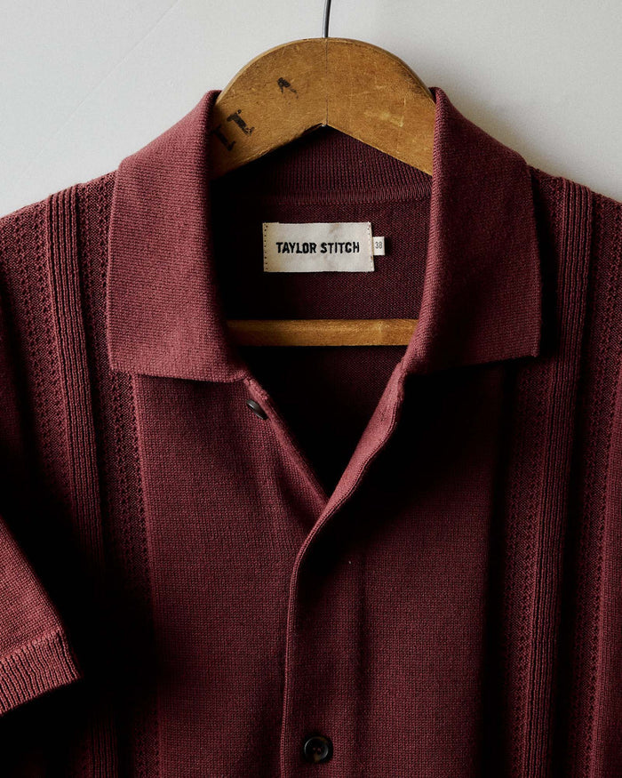 material shot of the collar on The Button Down Polo in Dried Cherry Stripe