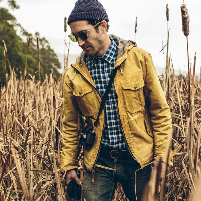 Our fit model wearing The California in Brushed Navy Plaid.