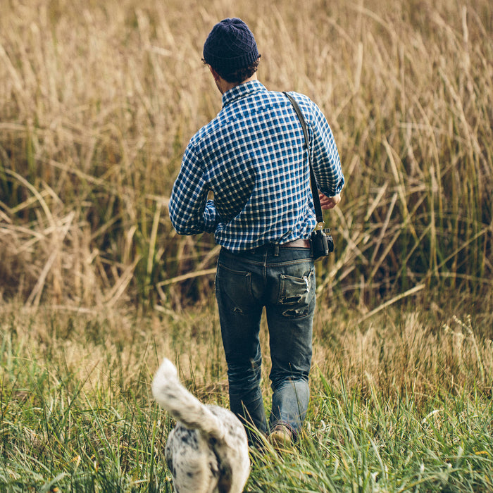 Our fit model wearing The California in Brushed Navy Plaid.