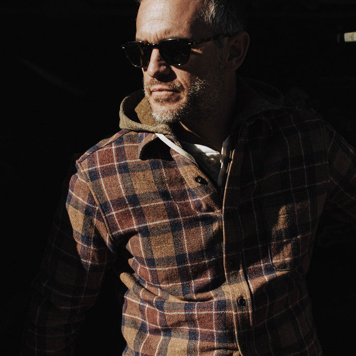 our fit model wearing The California in Caramel Plaid