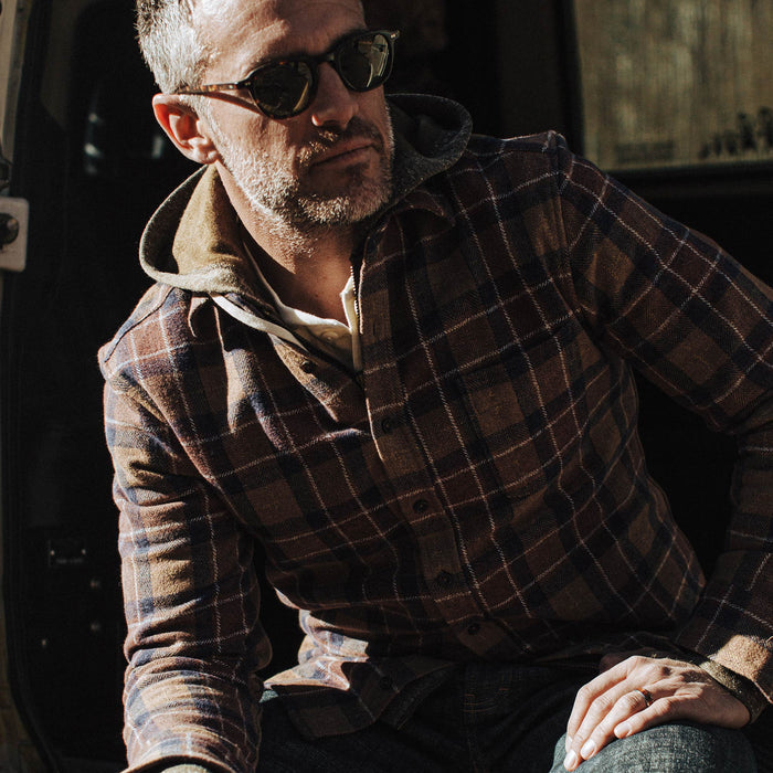 our fit model wearing The California in Caramel Plaid