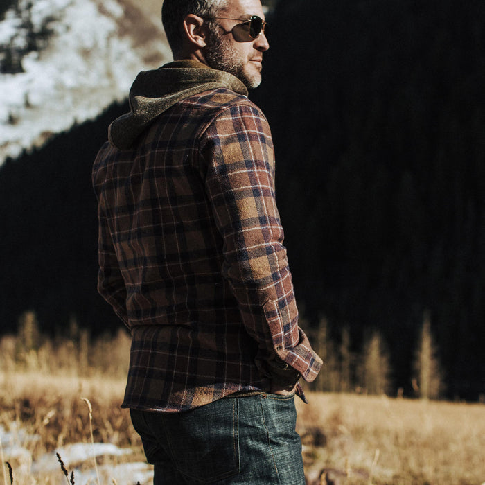 our fit model wearing The California in Caramel Plaid
