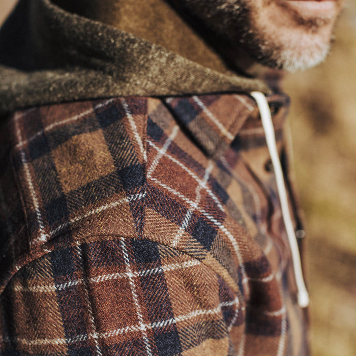our fit model wearing The California in Caramel Plaid