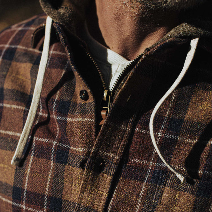 our fit model wearing The California in Caramel Plaid