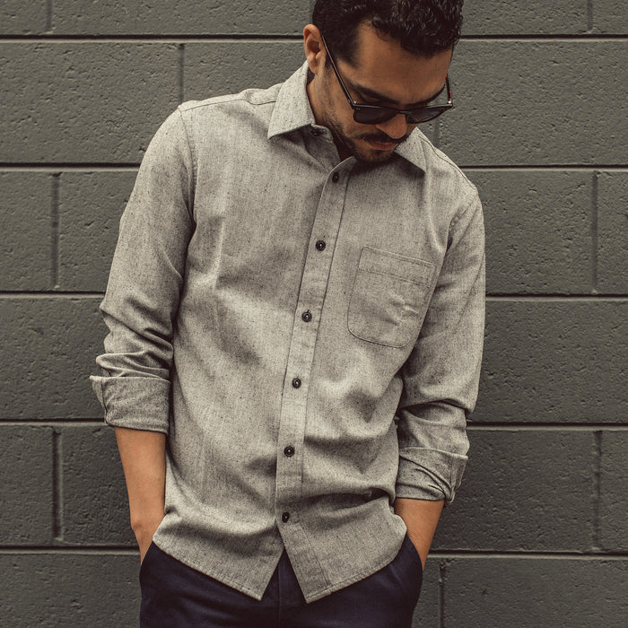 Our fit model wearing The California in Charcoal Herringbone.