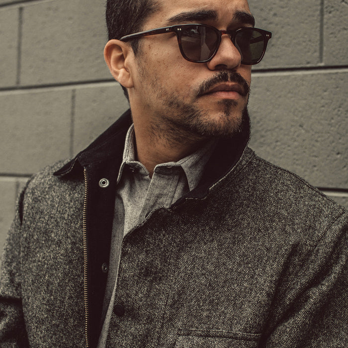 Our fit model wearing The California in Charcoal Herringbone.