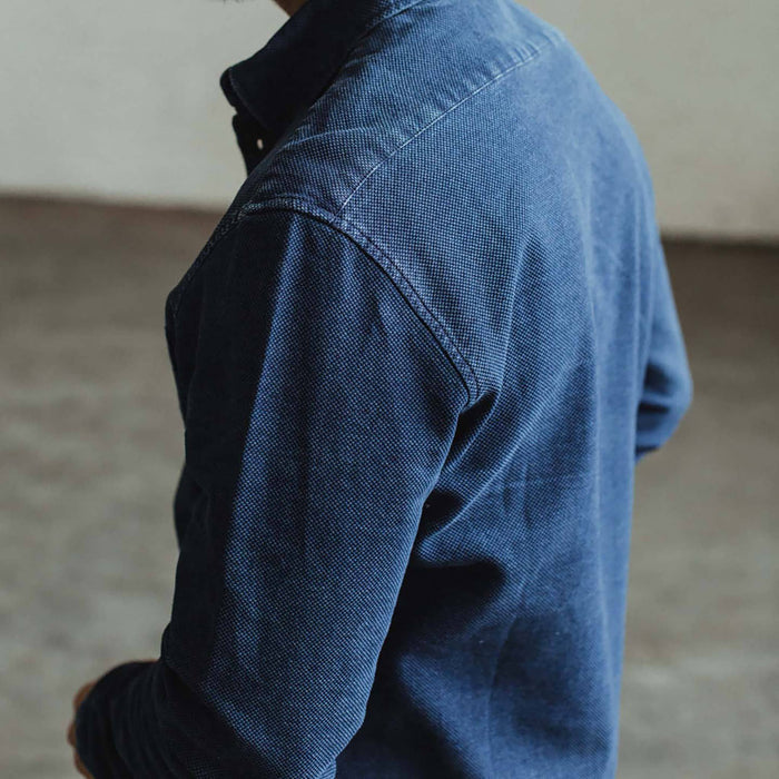 Our fit model wearing The California in Indigo Dobby