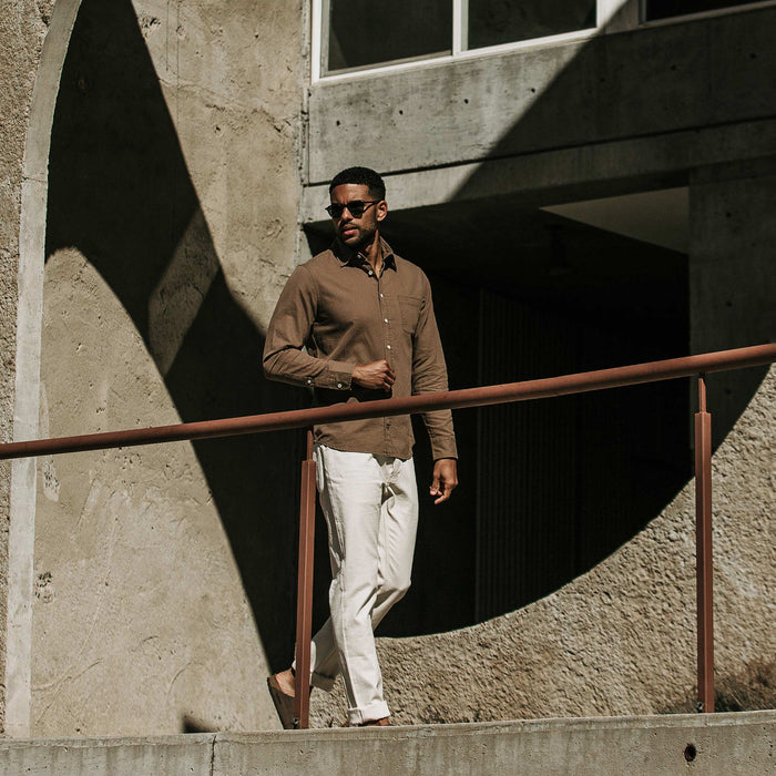 our fit model wearing The California in Khaki Herringbone