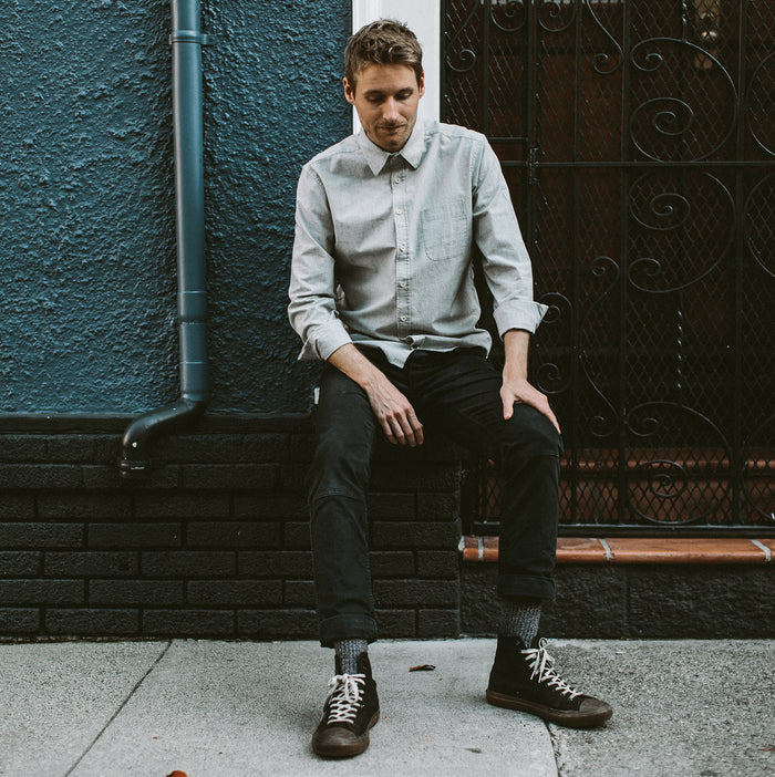 Our fit model wearing The California in Olive Stripe.