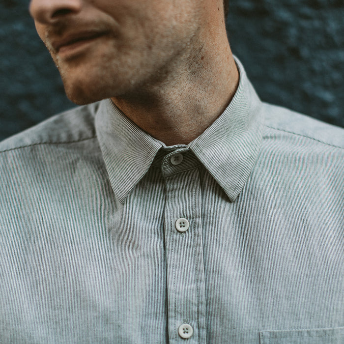 Our fit model wearing The California in Olive Stripe.