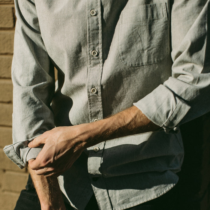 Our fit model wearing The California in Olive Stripe.