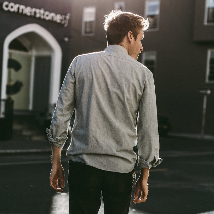 Our fit model wearing The California in Olive Stripe.