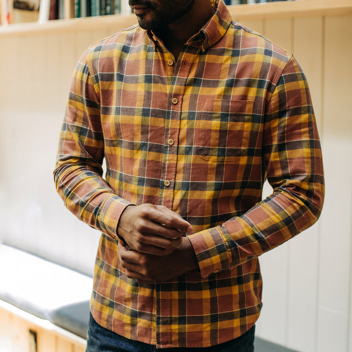 fit model wearing The California in Trolley Plaid