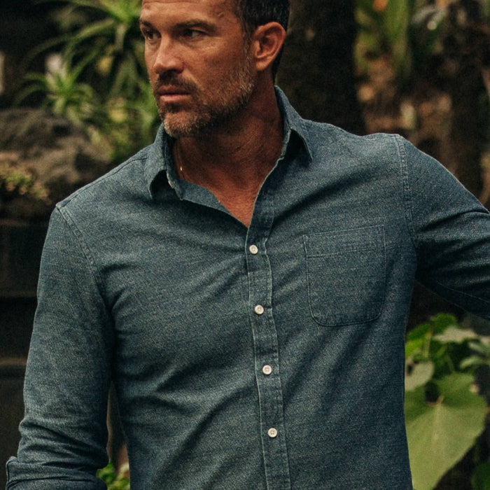 fit model wearing The California in Washed Indigo Crepe looking left