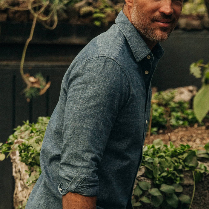 fit model wearing The California in Washed Indigo Crepe, cuffed, looking right