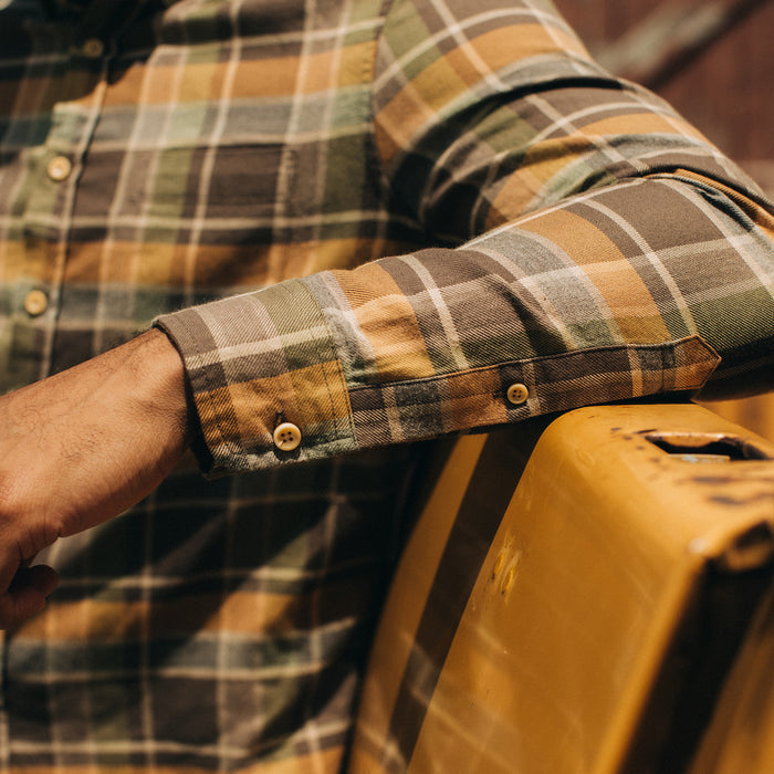 fit model showing cuff detail on The California in Zephyr Plaid