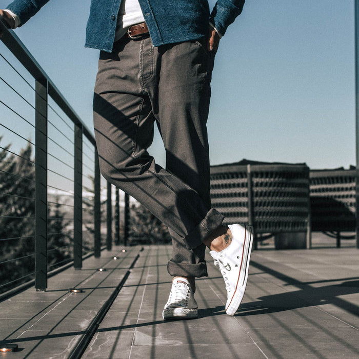 our fit model wearing The Camp Pant in Charcoal Reverse Sateen