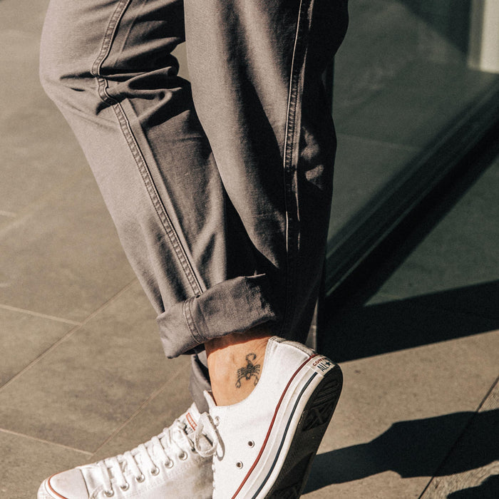 our fit model wearing The Camp Pant in Charcoal Reverse Sateen