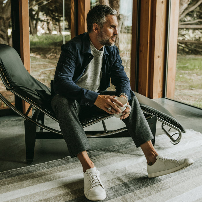 Our fit model wearing the Camp Pant in Charcoal Wool in Sea Ranch.