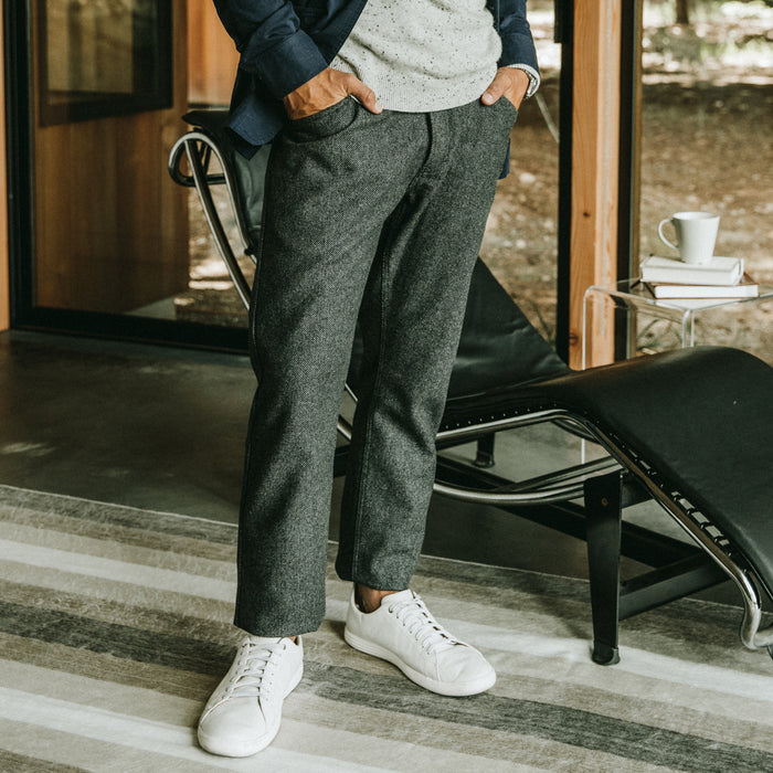 Our fit model wearing the Camp Pant in Charcoal Wool in Sea Ranch.