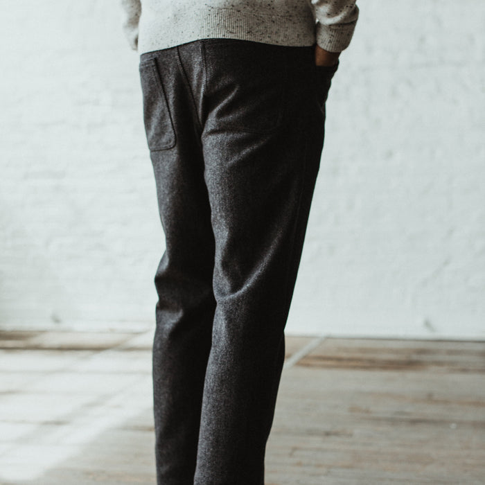 Our fit model wearing the Camp Pant in Charcoal Wool in Sea Ranch.