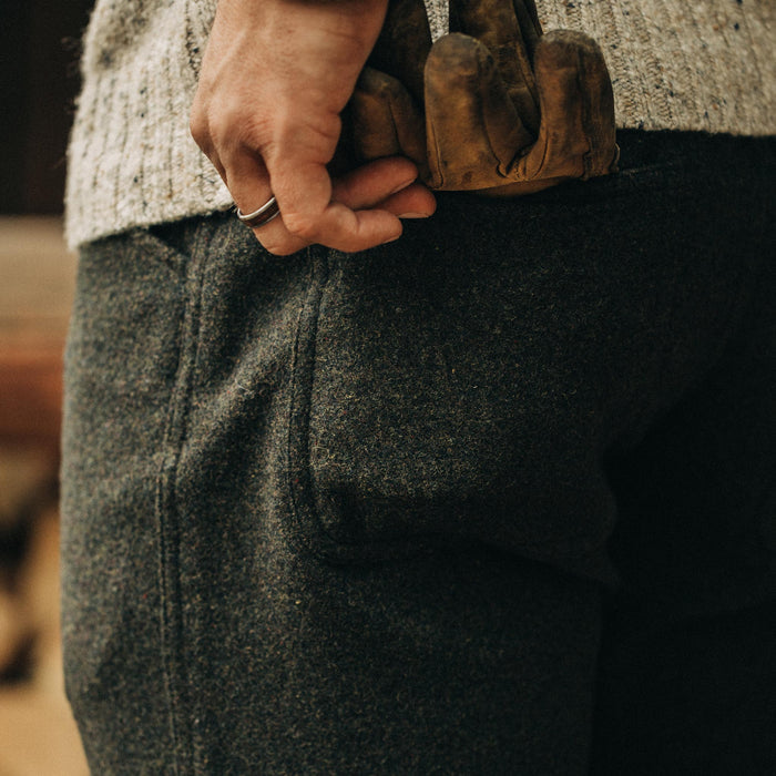 fit model wearing The Camp Pant in Dark Moss Wool, back shot
