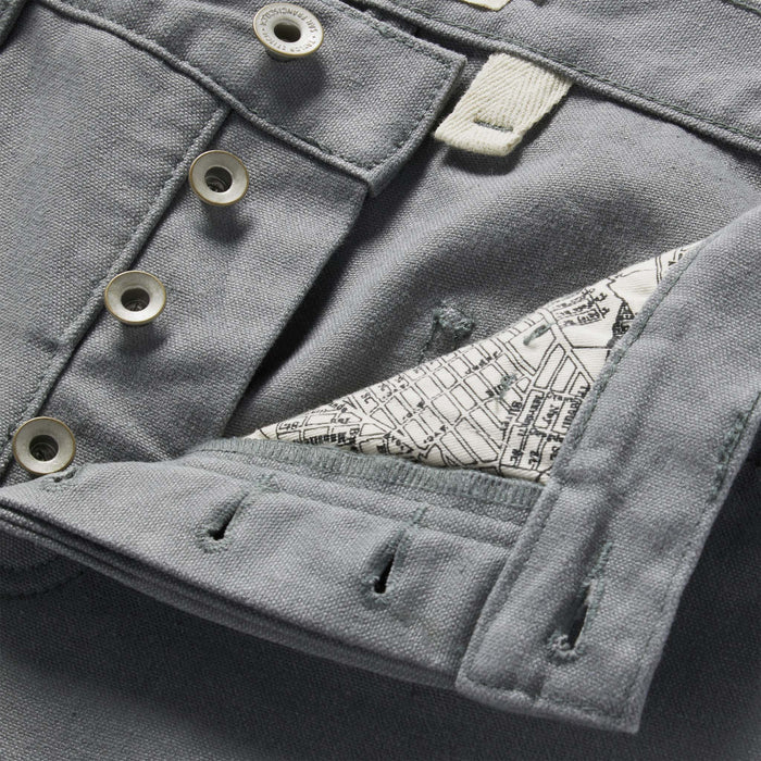 material shot of button fly on The Camp Pant in Gravel Boss Duck