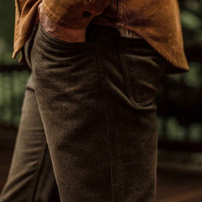 our fit model wearing The Camp Pant in Heather Olive Twill