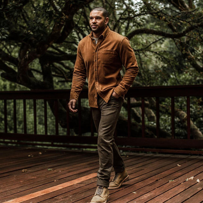 our fit model wearing The Camp Pant in Heather Olive Twill