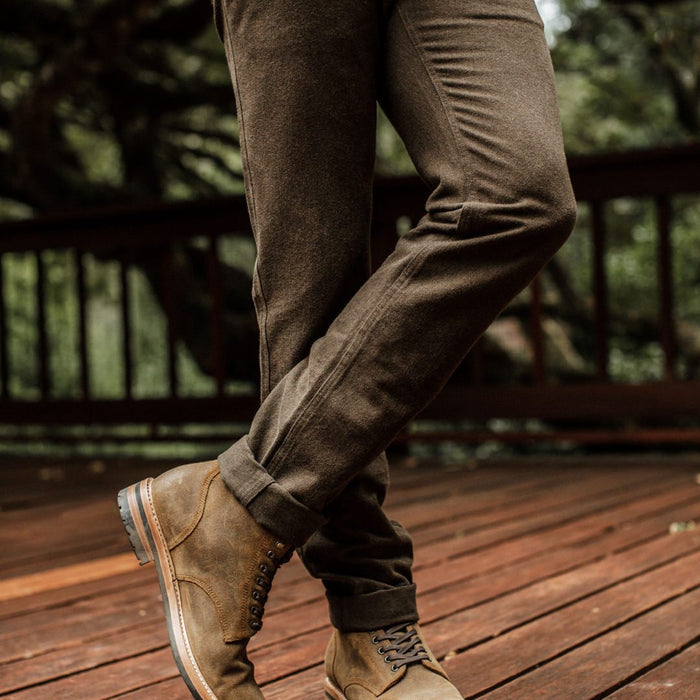 our fit model wearing The Camp Pant in Heather Olive Twill
