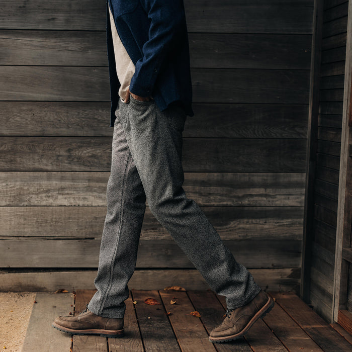 fit model walking in The Camp Pant in Indigo Salt and Pepper