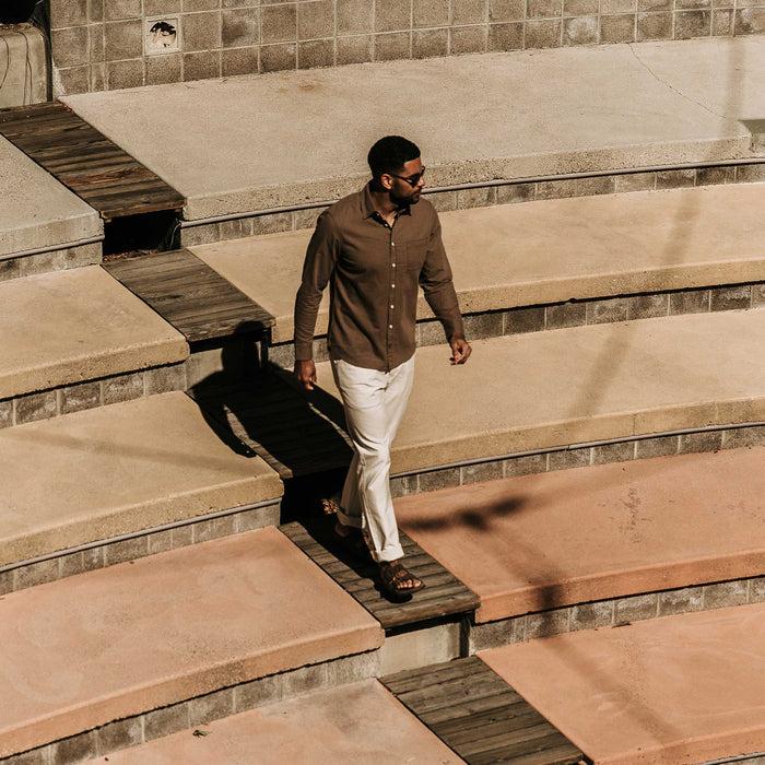our fit model wearing The Camp Pant in Natural Reverse Sateen