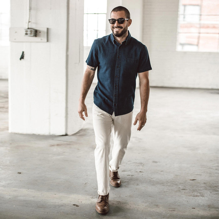 Our fit model wearing The Camp Pant in Organic Natural Selvage.