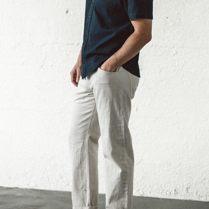 Our fit model wearing The Camp Pant in Organic Natural Selvage.