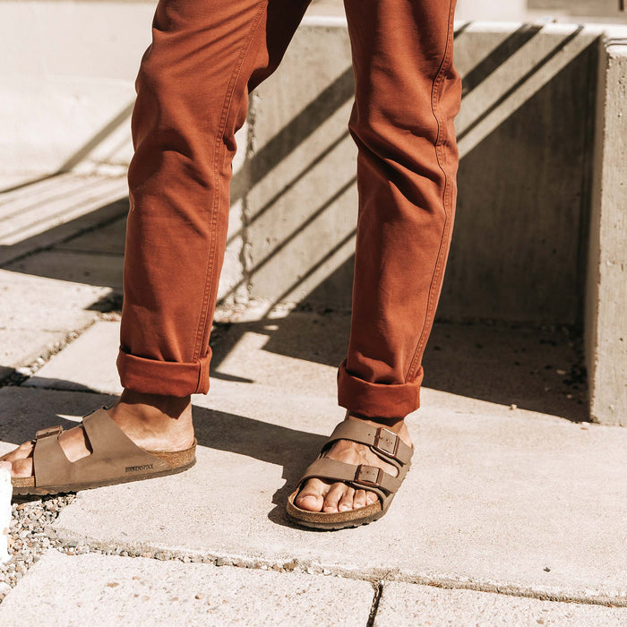 our fit model wearing The Camp Pant in Rust Reverse Sateen