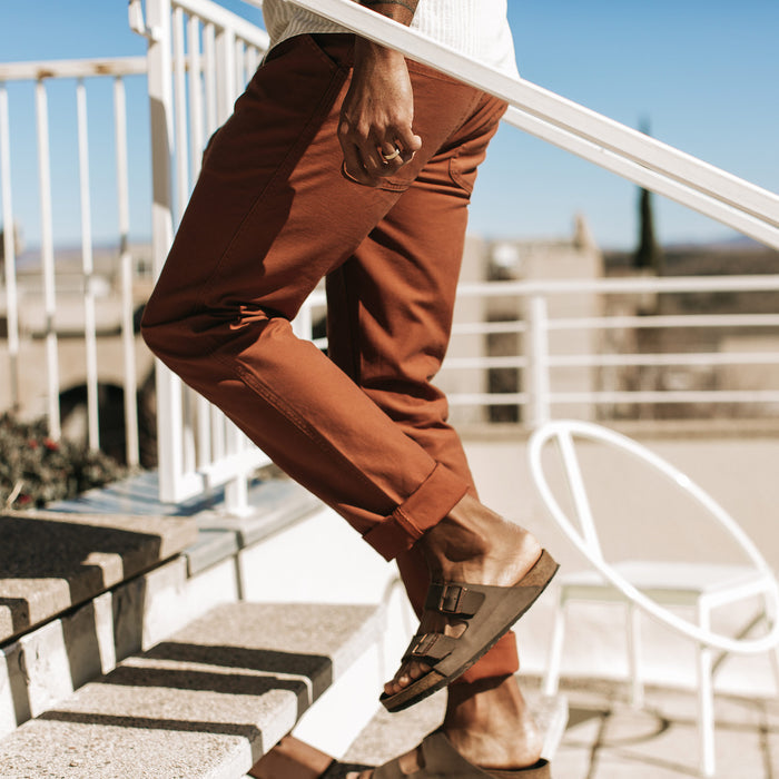 our fit model wearing The Camp Pant in Rust Reverse Sateen
