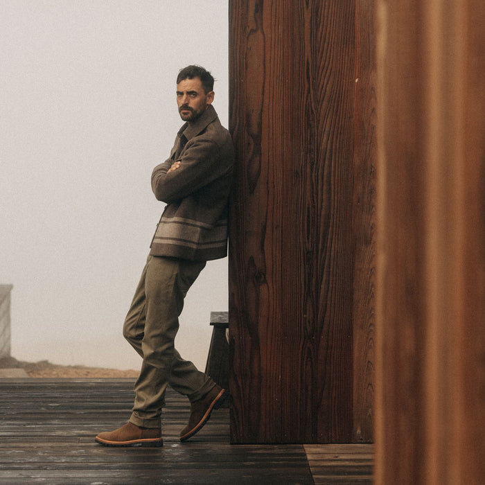 fit model wearing The Camp Pant in Stone Boss Duck
