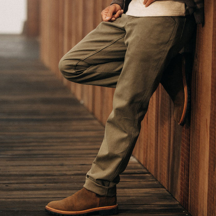 fit model wearing The Camp Pant in Stone Boss Duck