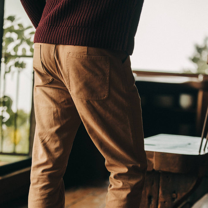 fit model wearing The Camp Pant in Tobacco Boss Duck, back