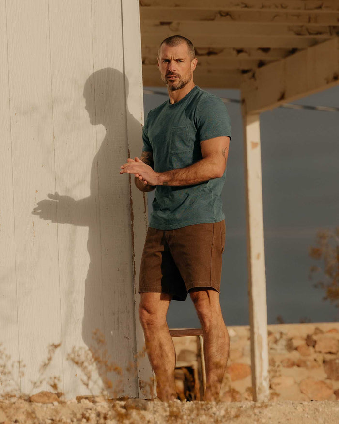 fit model showing off The Camp Short in Aged Penny Chipped Canvas