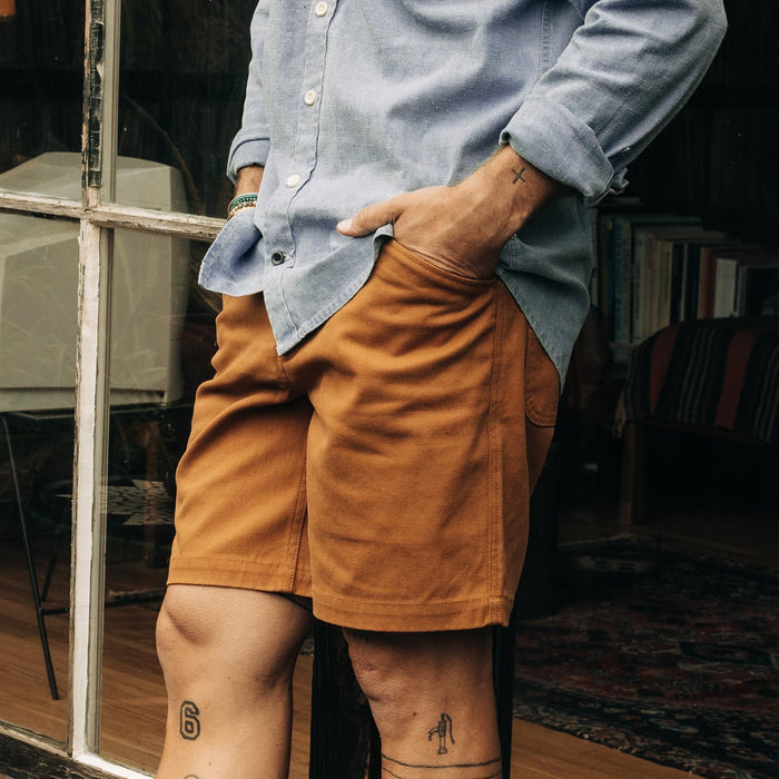 fit model in The Camp Short in Cedar Boss Duck