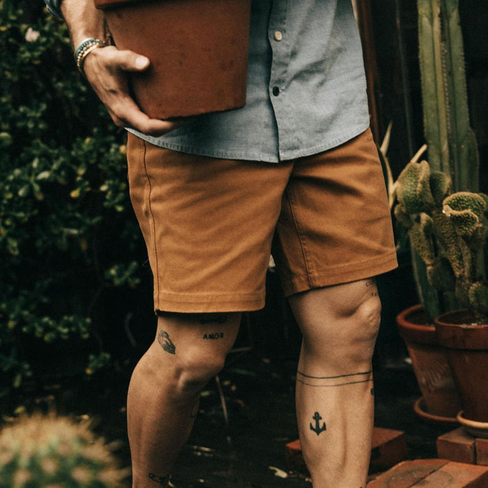 fit model walking in The Camp Short in Cedar Boss Duck