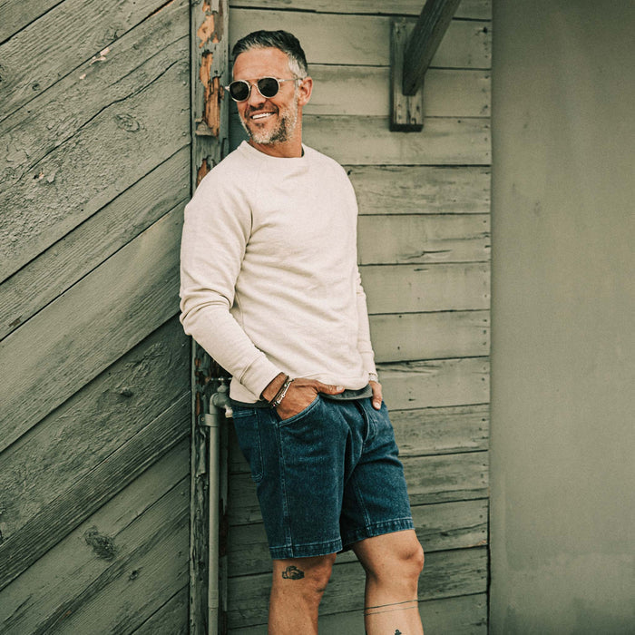 our fit model wearing The Camp Short in Indigo Boss Duck