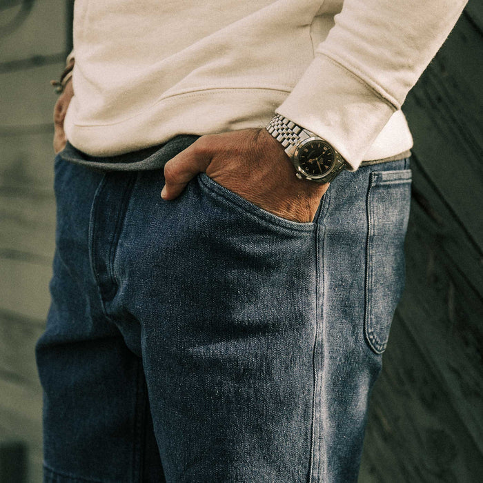 our fit model wearing The Camp Short in Indigo Boss Duck
