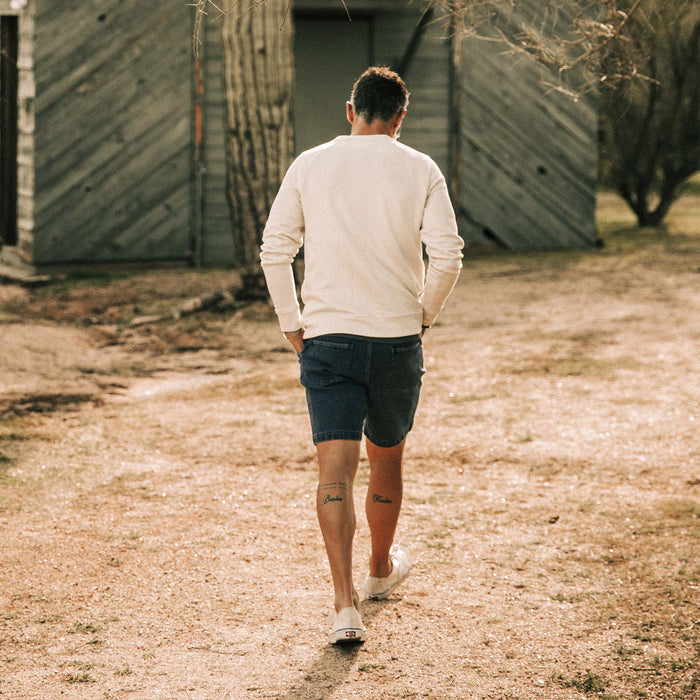 our fit model wearing The Camp Short in Indigo Boss Duck