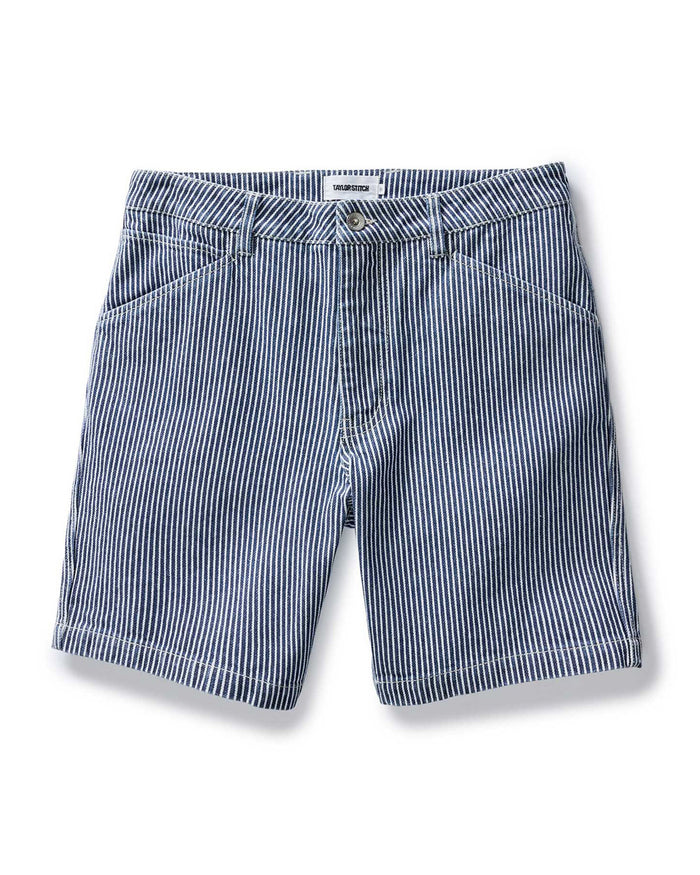 flatlay of The Camp Short in Indigo Railroad Stripe Denim
