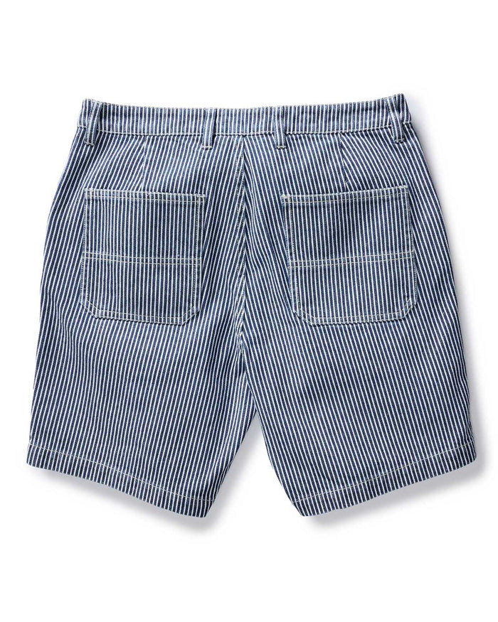 flatlay of the back of The Camp Short in Indigo Railroad Stripe Denim