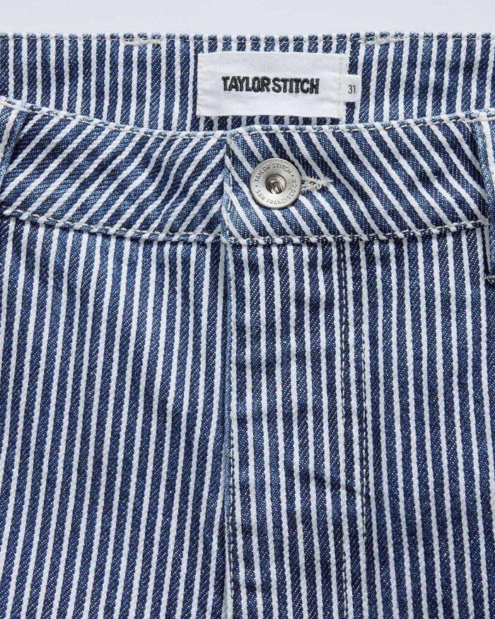 material shot of the button on The Camp Short in Indigo Railroad Stripe Denim