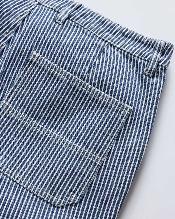 material shot of the pockets on The Camp Short in Indigo Railroad Stripe Denim