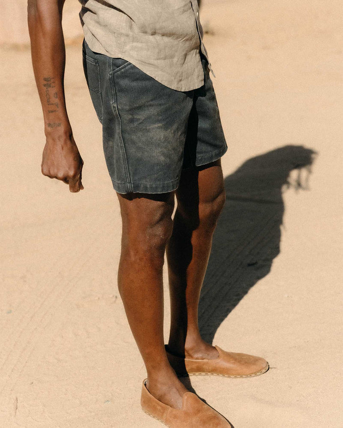 fit model posing in The Camp Short in Navy Chipped Canvas